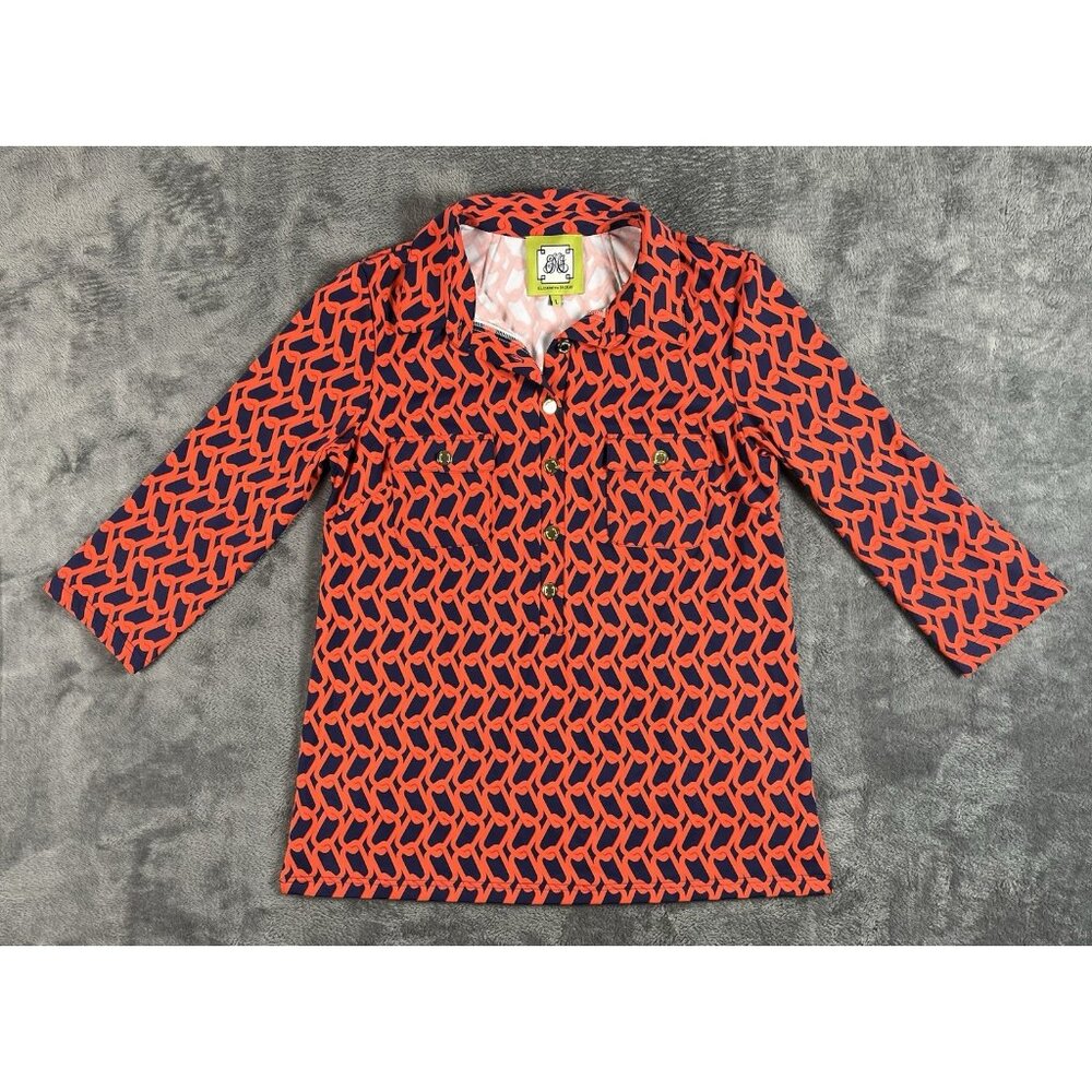 Elizabeth McKay Pull Over Red Blue Top Size L Gold Tone Buttons 3/4 Sleeve - Picture 2 of 8